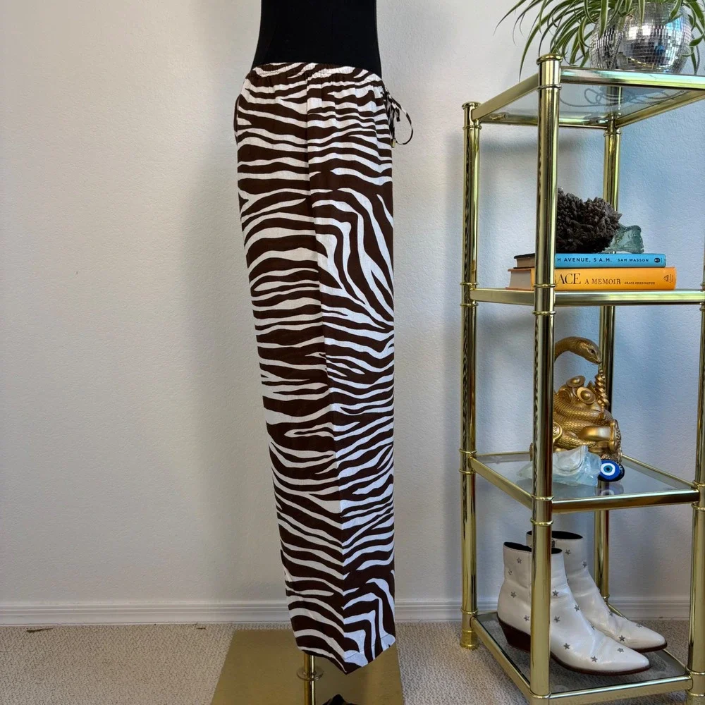 Michael Kors Brown Zebra Print Wide Leg Cotton Drawstring Pants Large Resortwear